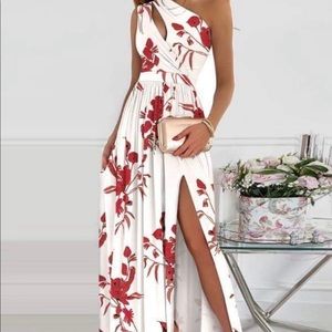 Romantic Red Flower Asymmetrical Keyhole Maxi Dress
